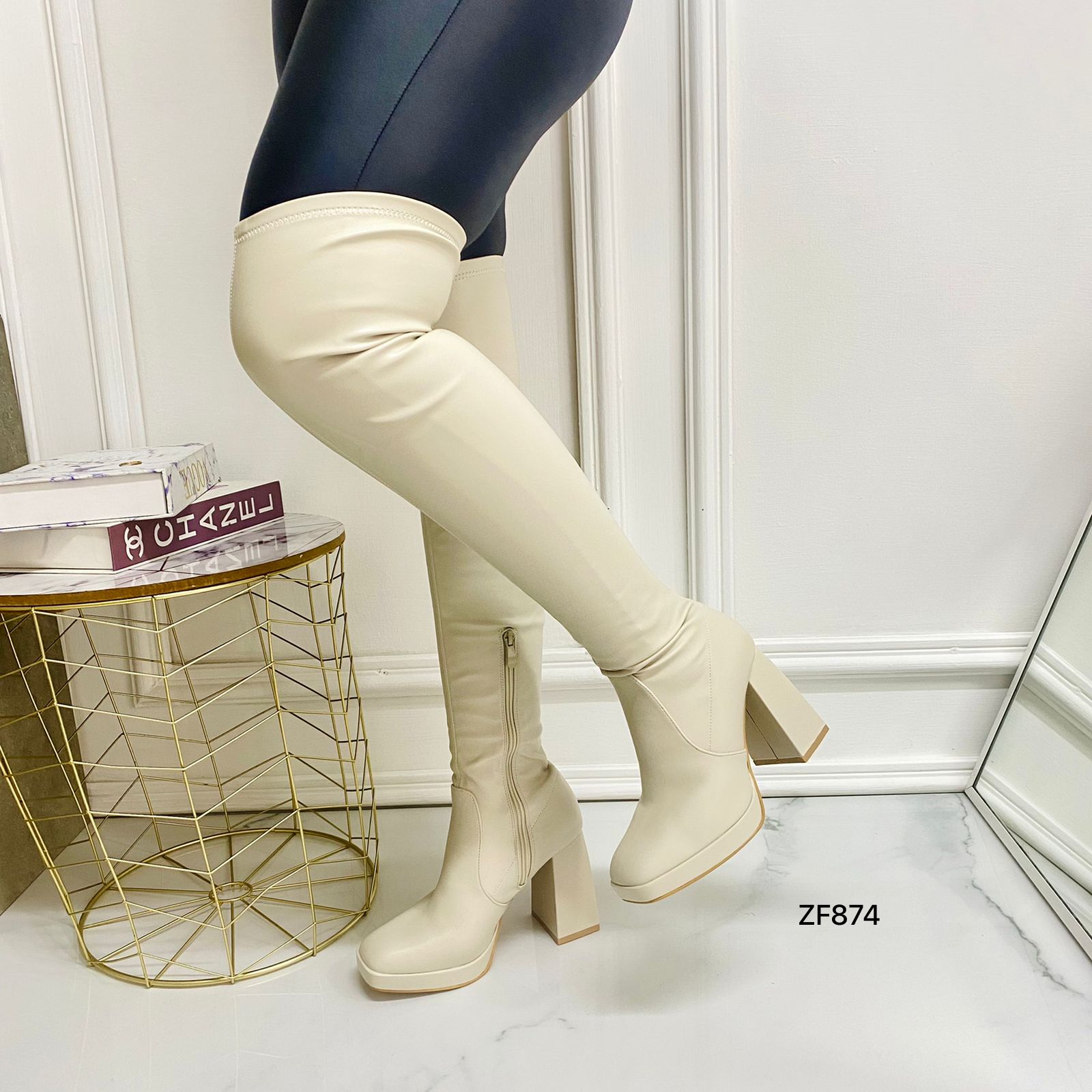 Bota caña alta beige tacon 10cm H8-202 C-63